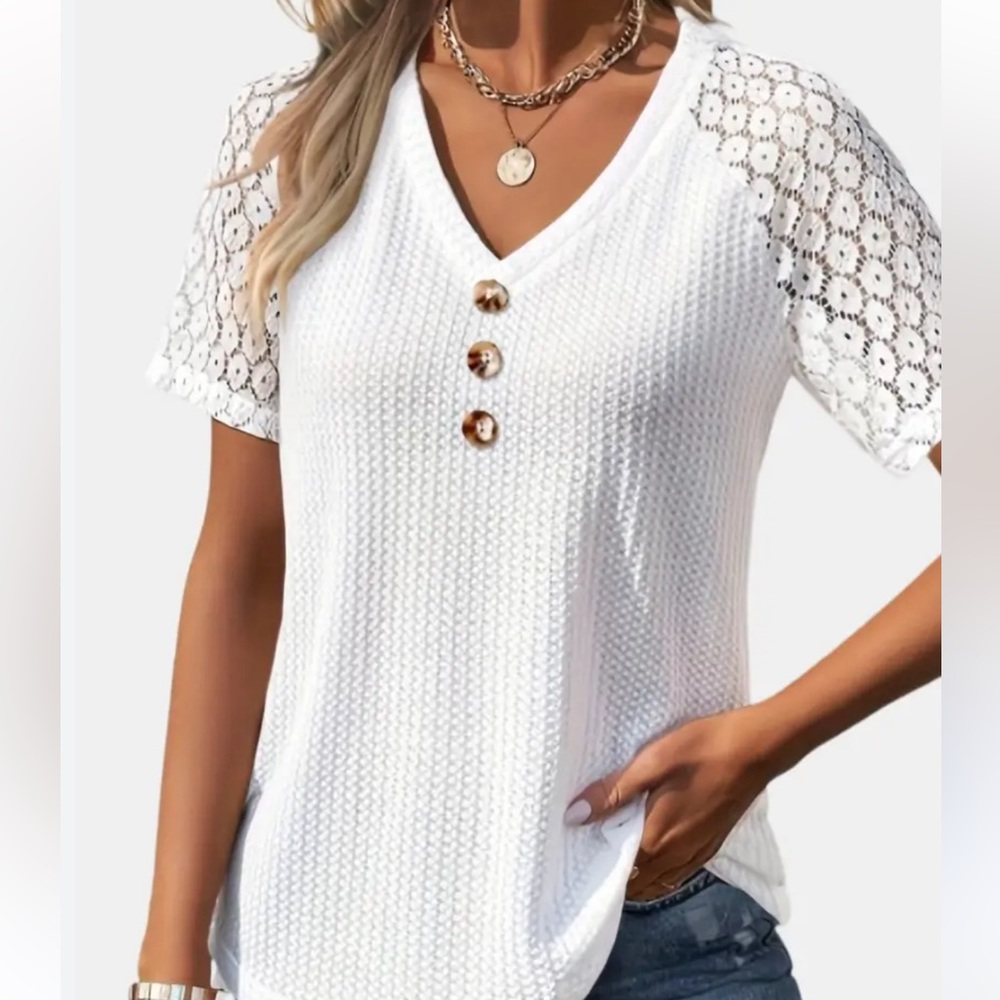 Contrast Waffle Lace Short Sleeves V Neck Top Size 3X